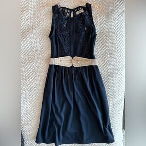Romy Navy Lace Bodice Midi Dress with Detachable Cream Belt (& Pockets!)